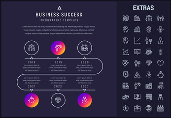 Sticker - Business success timeline infographic template, elements and icons. Infograph includes years, line icon set with business worker, successful businessman, leader, market data, money, piggy bank etc.