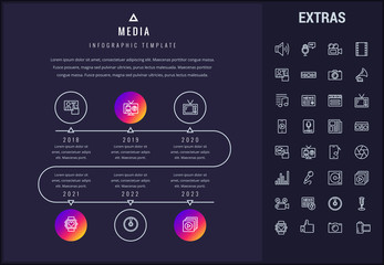 Sticker - Media timeline infographic template, elements and icons. Infograph includes years, line icon set with global social media, user profile, tv broadcast, music note, microphone, record, video camera etc.