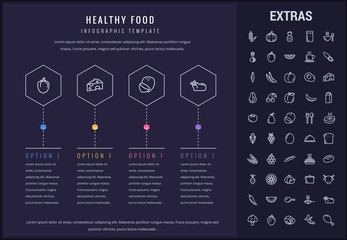 Poster - Healthy food options infographic template, elements and icons. Infograph includes line icon set with food plate, restaurant meal ingredients, eat plan, healthy fruits and vegetables, milk product etc.