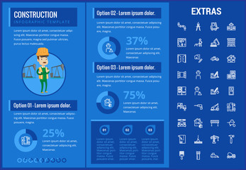 Poster - Construction infographic template, elements and icons. Infograph includes customizable graphs, charts, line icon set with construction worker, builder tools, repair person, house building etc.