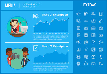 Canvas Print - Media infographic template, elements and icons. Infograph includes customizable graphs, charts, line icon set with social media, user profile, broadcast media, music record, telecommunication etc.