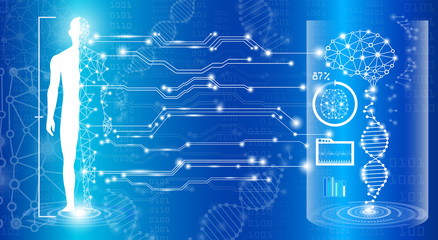 abstract background technology concept in blue light,brain and human body heal ,technology modern medical science in future and global international medical with tests analysis clone DNA human