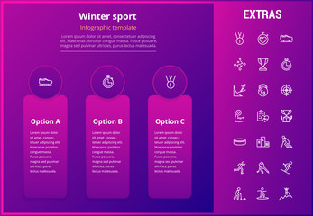 Sticker - Winter sport options infographic template, elements and icons. Infograph includes options, line icon set with sports equipment, trophy, team games, champion pedestal, athlete, competitive sport etc.