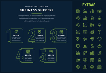 Sticker - Business success options infographic template, elements and icons. Infograph includes line icon set with business worker, successful businessman, corporate leader, market data, money, piggy bank etc.