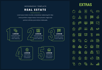 Sticker - Real estate options infographic template, elements and icons. Infograph includes line icon set with real estate agent, architecture engineering, investment broker, family house, property sale etc.