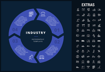 Sticker - Industry infographic template, elements and icons. Infograph includes customizable circular diagram, line icon set with mining equipment, fossil fuels, conveyor belt, nuclear power plant etc.