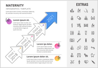 Sticker - Maternity timeline infographic template, elements and icons. Infograph includes stages with years, line icon set with pregnant woman, breast feeding, child care, reproductive technologies, newborn etc