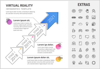 Canvas Print - Virtual reality timeline infographic template, elements and icons. Infograph includes stages with years, line icon set with virtual reality glasses, vr technology, cloud computing, global network etc.