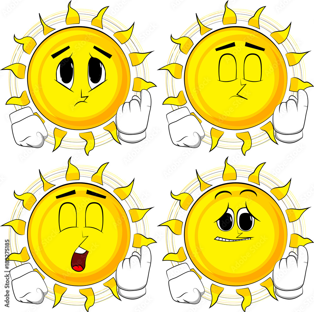 Cartoon sun inviting to come there. Collection with sad faces ...