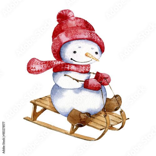 Watercolor cartoon illustration. Snowman riding a sled. Christmas card