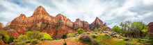 Mountain Range Panorama In Spring At Zion National Park, Utah, USA - Park South Entrance From Springdalle.