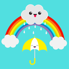 Wall Mural - Rainbow. Cute cartoon kawaii cloud with rain drops. Showing tongue emotion. Smiling laughing umbrella. Eyes and mouth. Blue sky background. Baby funny character emoji collection. Flat design.