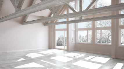 Wall Mural - Empty room in luxury eco house, parquet floor and wooden roof trusses, panoramic window on winter meadow, modern white architecture interior design