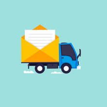 Mail, Truck Is Carrying A Letter. Flat Design Vector Illustration.