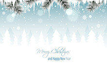 Winter Landscape Vector Banner With Branches, Icicles, Snowfall, Snowflakes And Snowy Forest. Merry Christmas And Happy New Year Greeting Card.