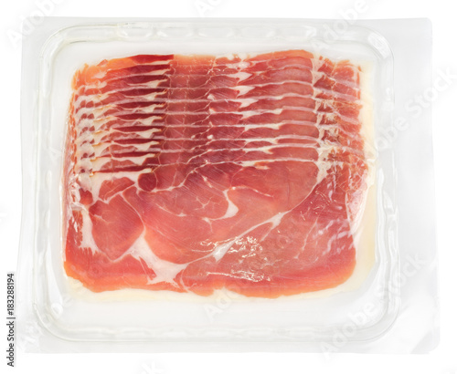 Cuadros en Lienzo Prosciutto slices in transparent vacuum plastic packaging