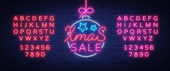 Wall Mural - Xmas sale, christmas discount poster, flyer card in neon style. New year discount neon design text. Festive winter sale, neon sign, bright advertising. Vector illustration. Editing text neon sign
