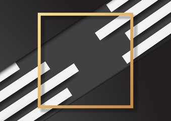 Aufkleber - Modern geometric shapes with abstract white stripe and gold square frame paper on black background with paper cut layers business template.Vector illustration.