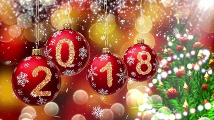 Wall Mural - red balls with numbers 2018 hanging on the background of a bokeh and a rotating christmas tree. 3d r