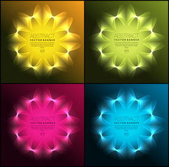 Wall Mural - Abstract circle vector banner set of 4. Neon geometric stars. Isolated with realistic glow and shadow on the dark panel. Each item contains space for own text. Vector illustration. Eps10.