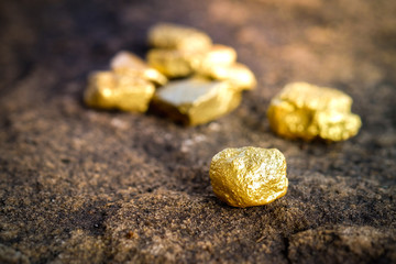 Canvas Print - The pure gold ore found in the mine on a stone floor