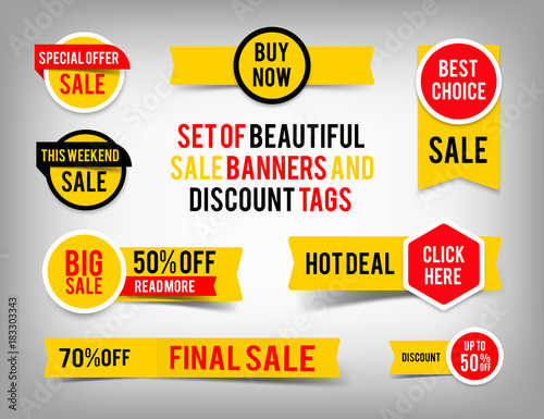 Fotomural Set of banner elements, vector offer tag collection, discount label design, sale