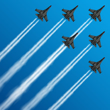 Military Fighter Jets With Condensation Trails In Sky Vector Illustration