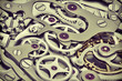 Clock machinery 3D rendering with gears close-up view