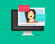 © vladwel - Video chatting call online or distance relationship or learning on computer vector, education or webinar study concept, flat video player window speaking happy girl messages on desktop pc