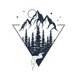 Hand drawn inspirational label with pine trees and mountains textured vector illustrations.