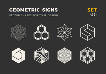 Set of eight minimalistic trendy shapes. Stylish vector logo emblems for Your design. Simple geometric signs collection.