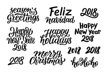 Merry Christmas, Feliz Navidad, Happy New Year 2018, Seasons greetings, Ho ho ho, Happy Holidays typography text collection. Set of vector hand drawn lettering for winter seasonal cards decoration