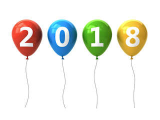 Poster - Year two thousand eighteen , Happy new year 2018 , White 2018 text on colorful balloons isolated over white background with window reflection . 3D rendering.