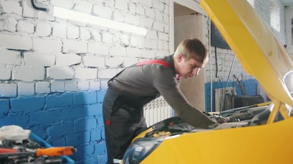 Wall Mural - Mechanic in car service - repairing in engine compartment