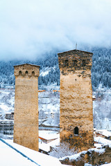 Wall Mural - Medieval towers in Mestia in the Caucasus Mountains, Upper Svaneti, Georgia.