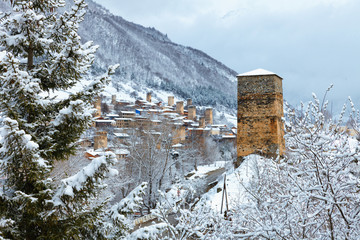 Wall Mural - Panoramic view on Medieval towers in Mestia in the Caucasus Mountains, Upper Svaneti, Georgia.