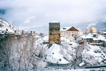 Wall Mural - Panoramic view on Medieval towers in Mestia in the Caucasus Mountains, Upper Svaneti, Georgia.