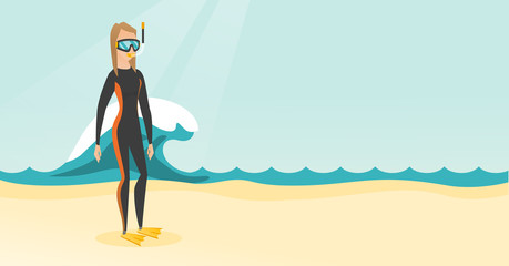 Sticker - Young caucasian white scuba diver in diving suit, flippers, mask and tube standing on the background of wave. Full length of scuba diver on the beach. Vector cartoon illustration. Horizontal layout.