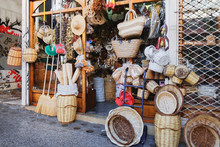 A Small Shop On Evripidou Street With Handmade Souvenirs For Tourists - Straw Baskets, Hats And Other Goods In Memory Of A Trip To Greece