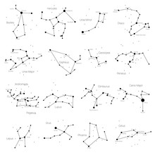Set Of Vector Constellations Of The Northern And Southern Hemispheres - Ursa Minor And Major, Pegasus, Cassiopea And Others. All Main Constellation With Names Of Stars And Constellations. Sky Map