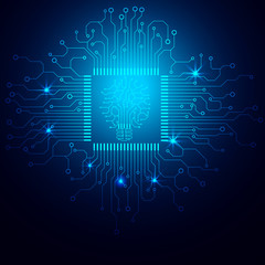 Poster - Hi Technology Microprocessor Graphic Banner Design Vector Background. Abstract Illustration Light Bulb With CPU Circuit Board Pad Pattern.
