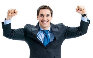 Happy gesturing businessman, isolated