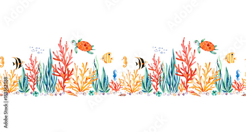 Oceanic Creature Seamless Repeat Border With Cute Turtle Seaweed