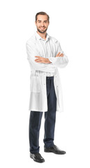 Poster - Young pharmacist on white background