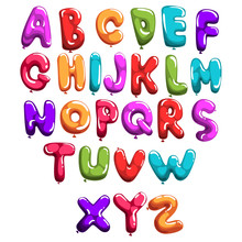 Set Of Colorful Font In Form Balloons. Children's English Alphabet. Letters From A To Z. ABC Concept. Flat Vector Design For Print, Poster, Invitation, Card Or Flyer