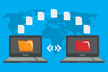 Poster - File transfer. Two laptops with folders on screen and transferred documents. Copy files, data exchange, backup, PC migration, file sharing concepts. Flat design graphic elements. Vector illustration