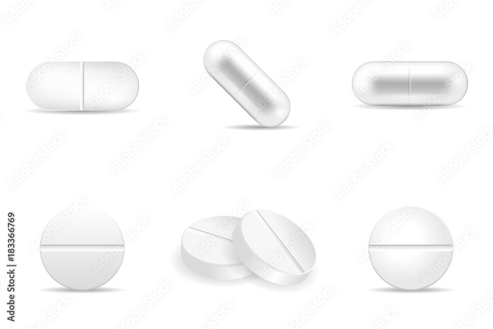 Set of realistic pills in any shapes and forms. Collection of oval, round and capsule shaped tablets. Medicine and drugs vector illustration. - obrazy, fototapety, plakaty 