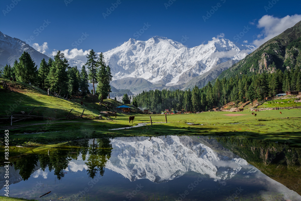 View of mighty Nanga Parbat Mountain (8,126 meters) Pakistan, also known as the Killer Mountain is one among the 14 eight-thousanders. - obrazy, fototapety, plakaty 