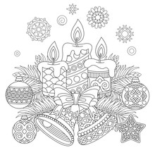 Christmas Coloring Page. Holiday Decorations, Hanging Balls, Candles, Jingle Bells, Vintage Snowflakes. Freehand Sketch Drawing For 2018 Happy New Year Greeting Card Or Adult Antistress Coloring Book.