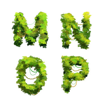 Cute cartoon tropical vines and bushes font on white, M N O P glyphs